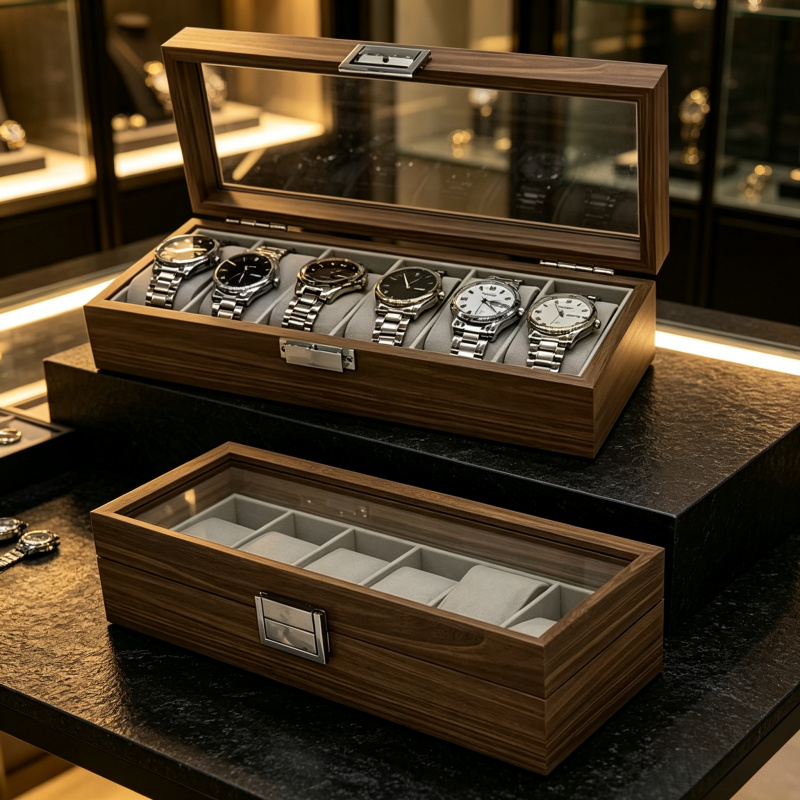 Men Accessories Organiser - Zwart walnoot houten horloge-opbergdoos met 6