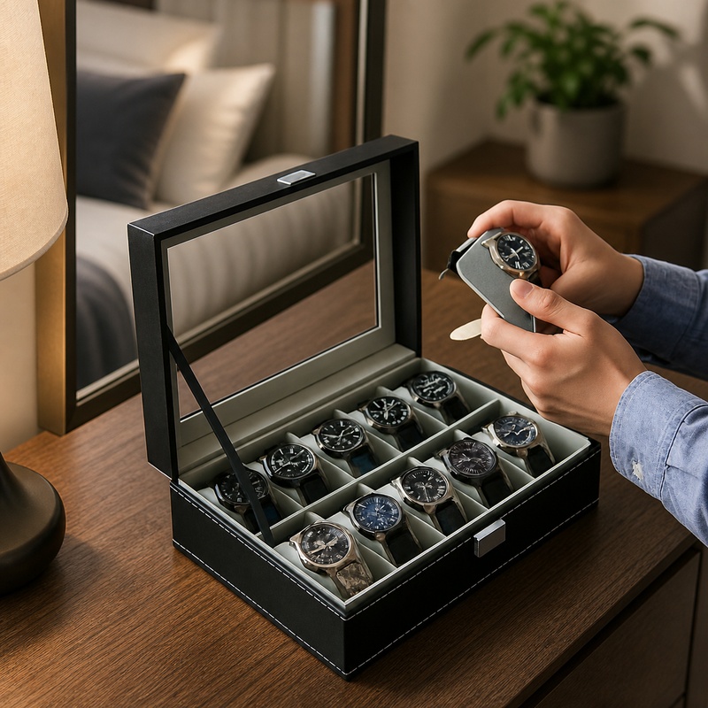 Men Accessories Organiser - PU Lederen Displaydoos met Glazen Deksel,